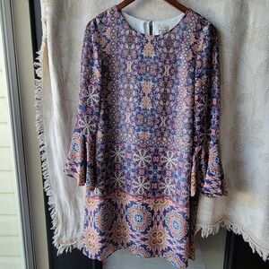Boho Floral Print Bell-Sleeve Dress in Navy and Pink